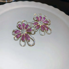 Dazzling Pink & Gold Rhinestone Flower Earrings - Statement Floral Jewelry