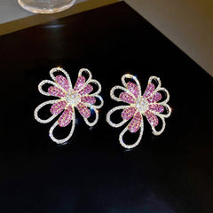 Dazzling Pink & Gold Rhinestone Flower Earrings - Statement Floral Jewelry