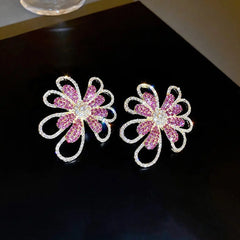 Dazzling Pink & Gold Rhinestone Flower Earrings - Statement Floral Jewelry