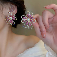 Dazzling Pink & Gold Rhinestone Flower Earrings - Statement Floral Jewelry