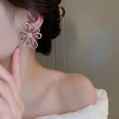 Dazzling Pink & Gold Rhinestone Flower Earrings - Statement Floral Jewelry