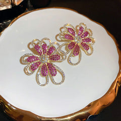 Dazzling Pink & Gold Rhinestone Flower Earrings - Statement Floral Jewelry