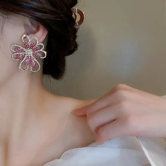 Dazzling Pink & Gold Rhinestone Flower Earrings - Statement Floral Jewelry