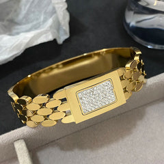 Chic Gold Stainless Steel Bangle - Rhinestone Inlay Bracelet
