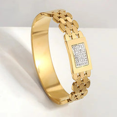 Chic Gold Stainless Steel Bangle - Rhinestone Inlay Bracelet