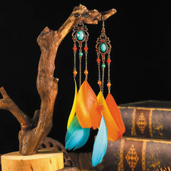 Bohemian Feather Dangle Earrings - Colorful Long Statement Jewelry