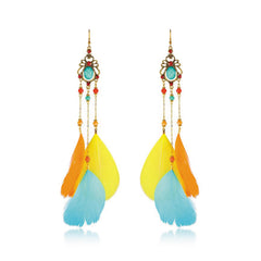 Bohemian Feather Dangle Earrings - Colorful Long Statement Jewelry