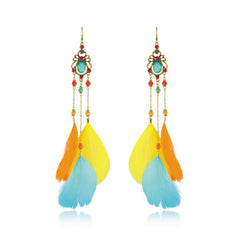 Bohemian Feather Dangle Earrings - Colorful Long Statement Jewelry