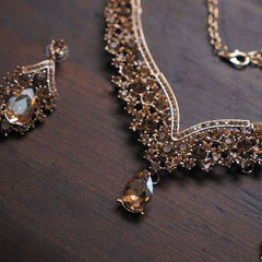 Golden/Amber Tone Statement Necklace & Earring Set | Crystal Bridal Jewelry Set
