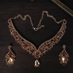 Golden/Amber Tone Statement Necklace & Earring Set | Crystal Bridal Jewelry Set