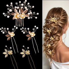 Gold Pearl Flower Wedding Hair Accessories