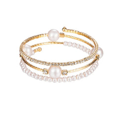 Gold Pearl & Crystal Bangle Bracelet Set | Adjustable Stackable Bracelets for Women | Luxury Fashion Jewelry