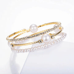 Gold Pearl & Crystal Bangle Bracelet Set | Adjustable Stackable Bracelets for Women | Luxury Fashion Jewelry