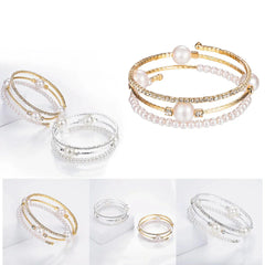 Gold Pearl & Crystal Bangle Bracelet Set | Adjustable Stackable Bracelets for Women | Luxury Fashion Jewelry