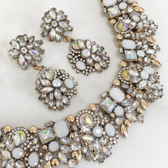 Crystal Statement Necklace & Earrings Set – Bridal Choker Style with White & Iridescent Stones