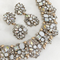 Crystal Statement Necklace & Earrings Set – Bridal Choker Style with White & Iridescent Stones