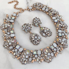 Crystal Statement Necklace & Earrings Set – Bridal Choker Style with White & Iridescent Stones