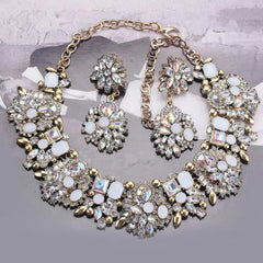 Crystal Statement Necklace & Earrings Set – Bridal Choker Style with White & Iridescent Stones