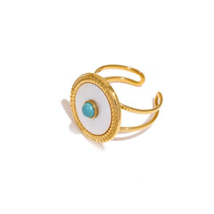 Gold & White Enamel Oval Ring | Turquoise Center Statement Ring | Adjustable Fashion Jewelry