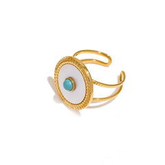 Gold & White Enamel Oval Ring | Turquoise Center Statement Ring | Adjustable Fashion Jewelry