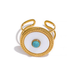 Gold & White Enamel Oval Ring | Turquoise Center Statement Ring | Adjustable Fashion Jewelry