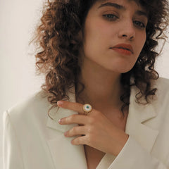 Gold & White Enamel Oval Ring | Turquoise Center Statement Ring | Adjustable Fashion Jewelry