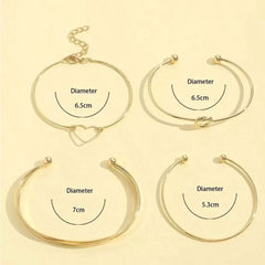 Gold Stackable Bangle Bracelet Set - Heart & Knot Design - Trendy Arm Cuffs