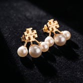 Pearl Front-Back Stud Earrings with Gold Logo Charm Pakistan | Ornavella