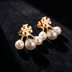 Pearl Front-Back Stud Earrings with Gold Logo Charm Pakistan | Ornavella