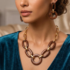 Statement Wooden Link Necklace & Earrings Set
