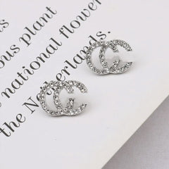 Silver Pave Crystal Stud Earrings - Interlocking CC Design