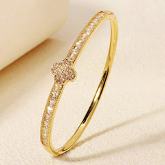 Golden Clover Zirconia Bangle Bracelet - Sparkling Four Leaf Clover
