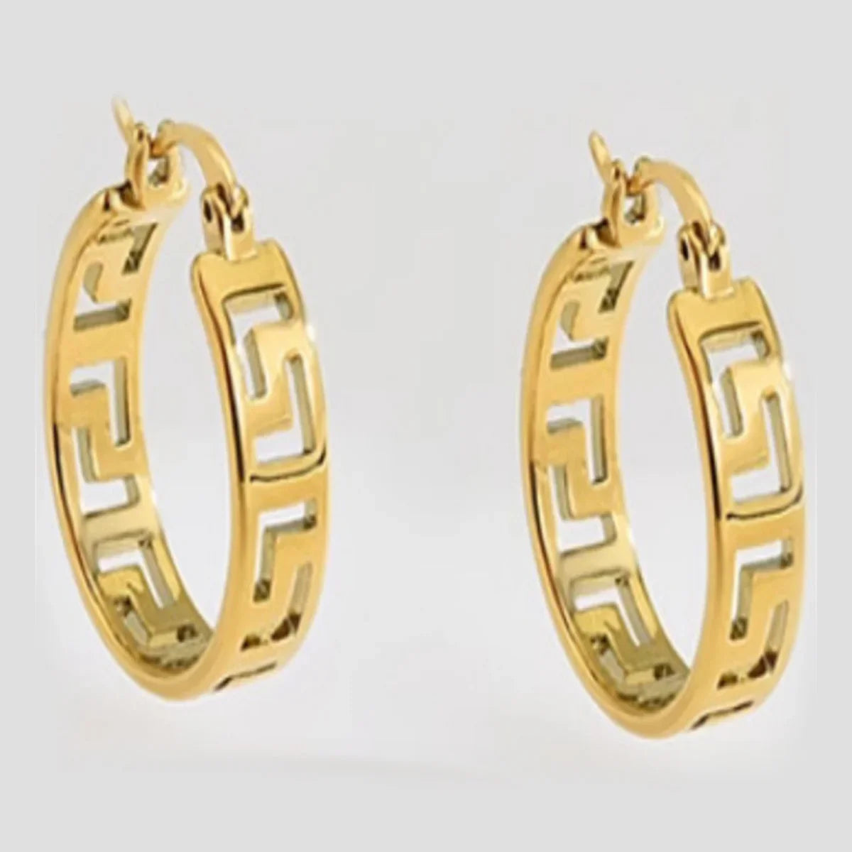 Gold Greek Key Pattern Hoop Earrings - Meander Design Huggies