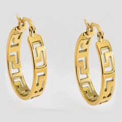 Gold Greek Key Pattern Hoop Earrings - Meander Design Huggies
