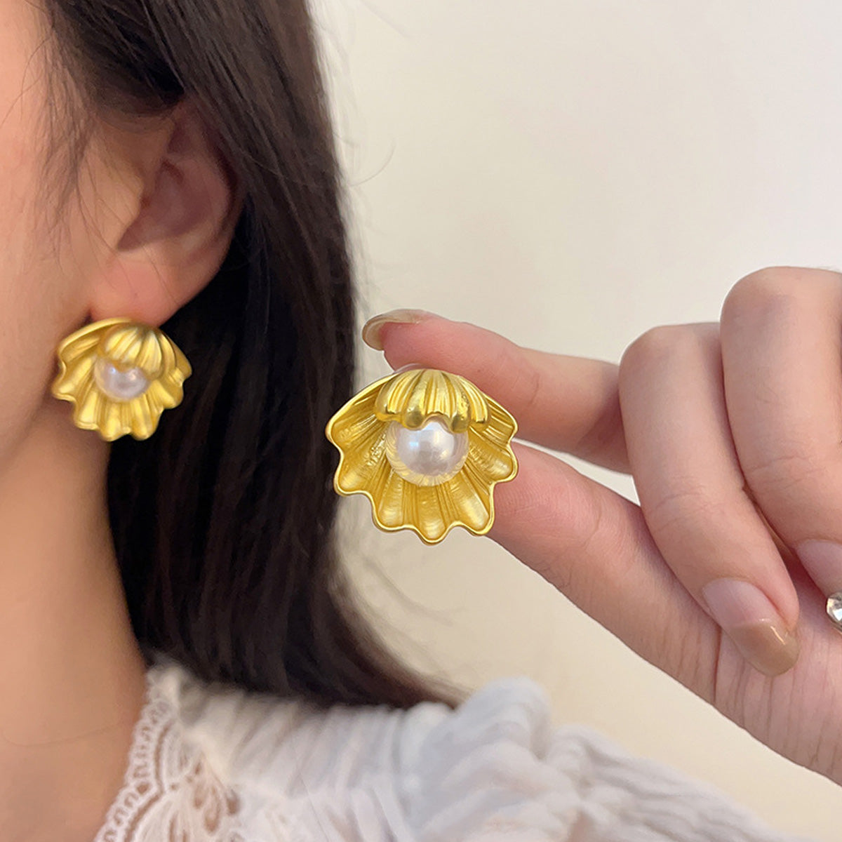 Gold Scallop Shell Pearl Stud Earrings - Ocean Inspired Jewelry
