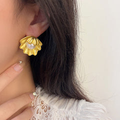 Gold Scallop Shell Pearl Stud Earrings - Ocean Inspired Jewelry