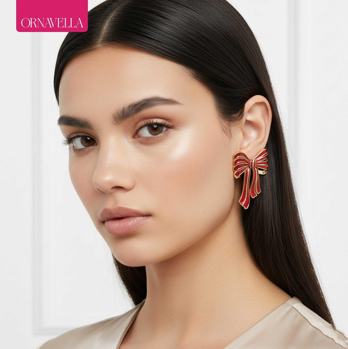 Enamel Red Bow Stud Earrings with Gold Outline