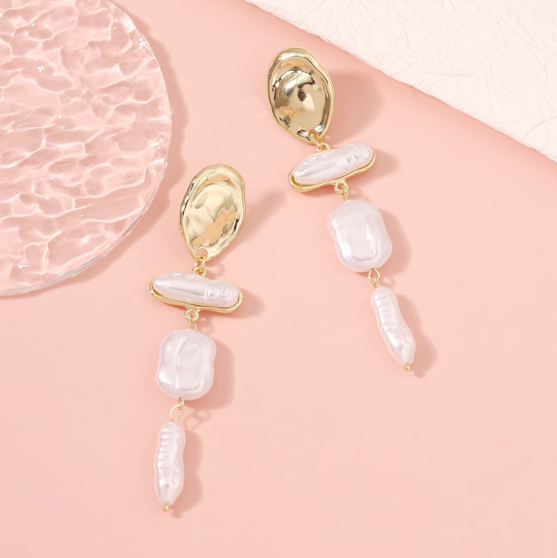 Elegant Baroque Pearl Long Drop Earrings with Gold Detail