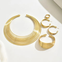 Multi-Layer Gold Choker Necklace Set - Statement Earrings, Bracelet & Ring