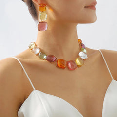 Elegant Multicolor Resin Gemstone Choker Necklace & Dangle Earrings Set