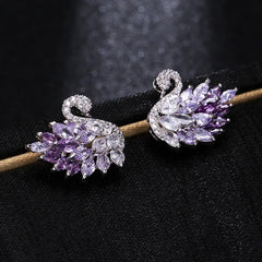 Elegant Purple Swan Earrings with Zirconia