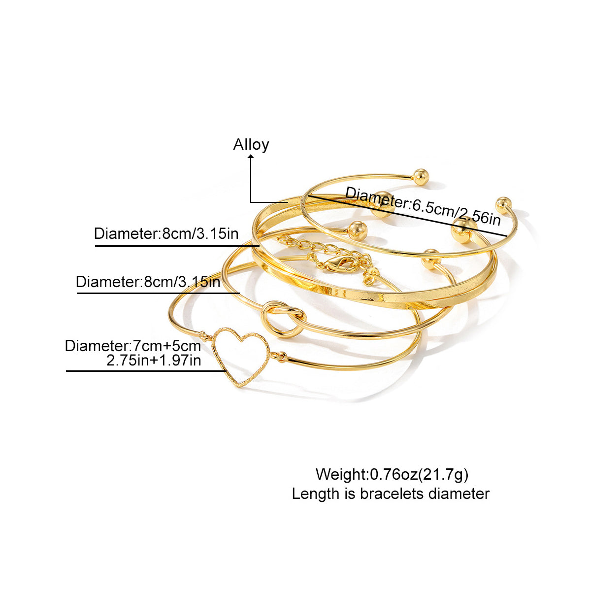 Gold Stackable Bangle Bracelet Set - Heart & Knot Design - Trendy Arm Cuffs