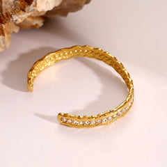 Irregular Hammered Gold Cuff Bangle Bracelet with Rhinestones