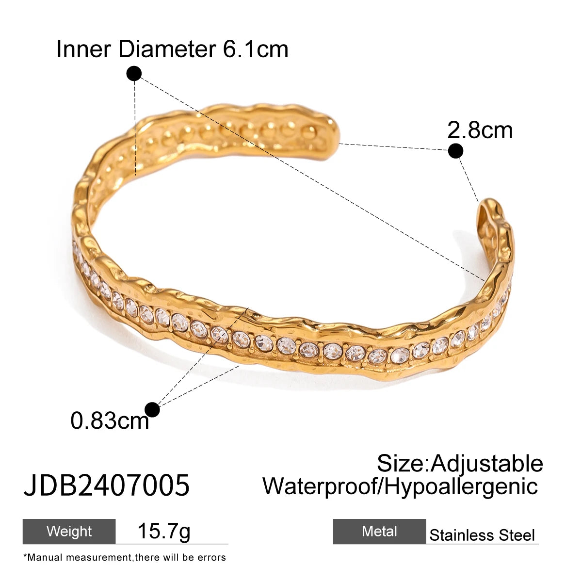Irregular Hammered Gold Cuff Bangle Bracelet with Rhinestones