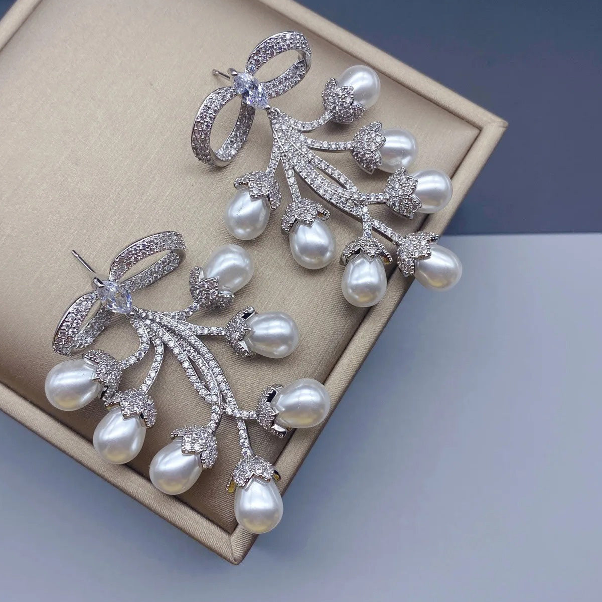 Sparkling Bow & Pearl Drop Earrings - Zircon Embellished Bridal & Wedding Jewelry
