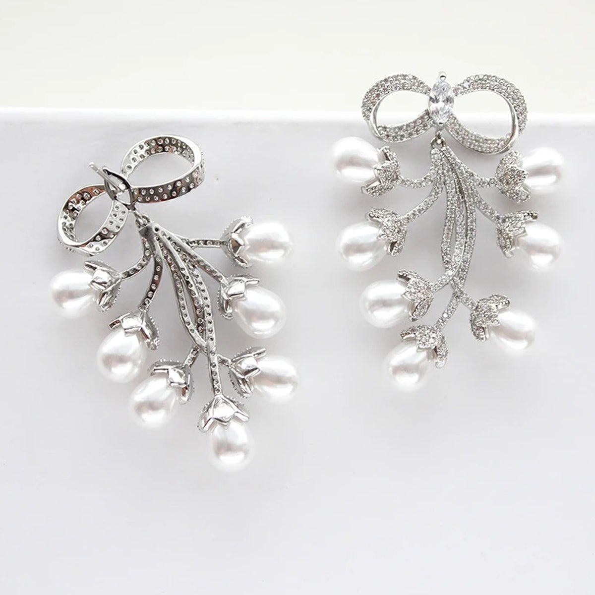 Sparkling Bow & Pearl Drop Earrings - Zircon Embellished Bridal & Wedding Jewelry