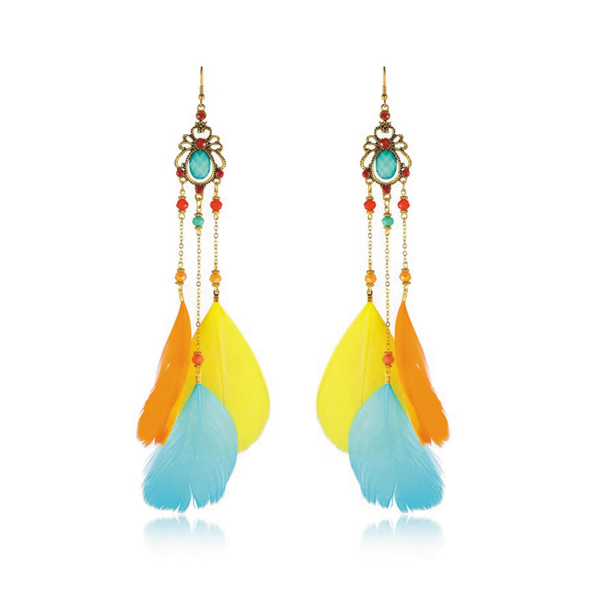 Bohemian Feather Dangle Earrings - Colorful Long Statement Jewelry