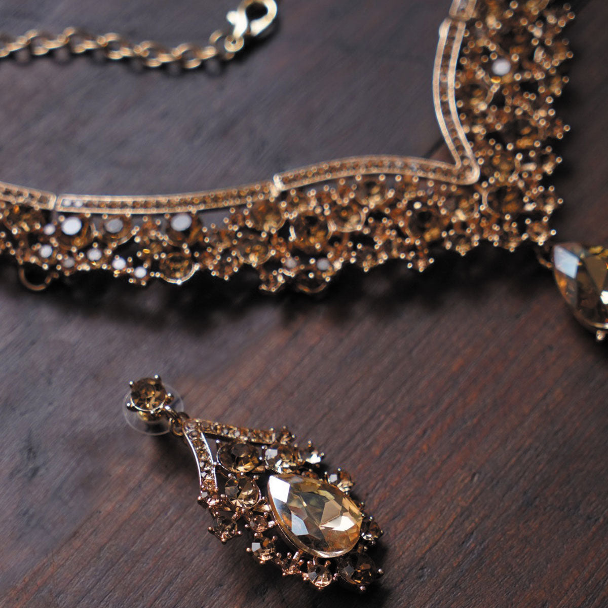 Golden/Amber Tone Statement Necklace & Earring Set | Crystal Bridal Jewelry Set