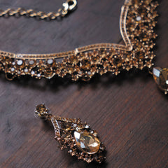 Golden/Amber Tone Statement Necklace & Earring Set | Crystal Bridal Jewelry Set