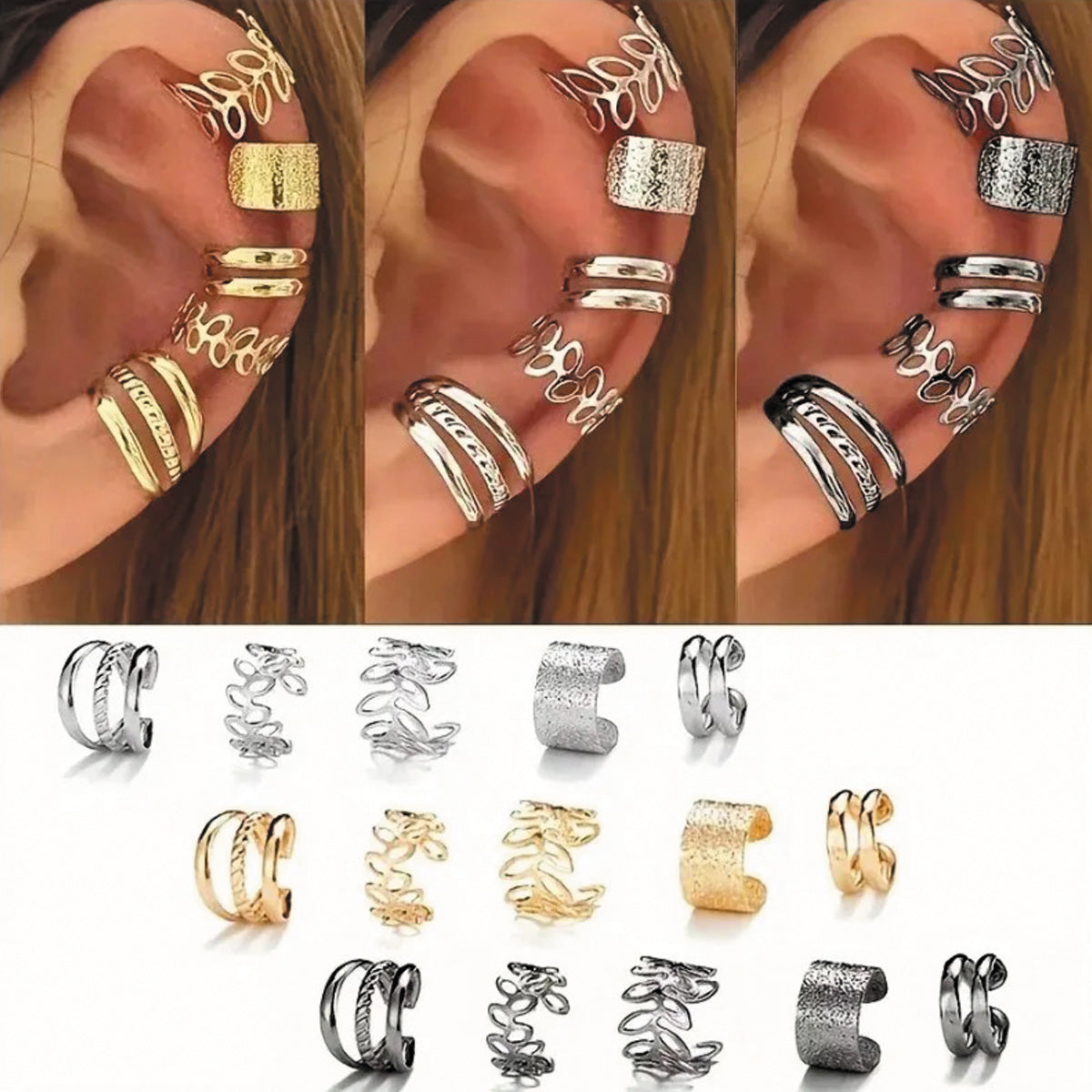 Gold Ear Cuff Set | Non-Piercing Ear Wrap | Adjustable Gold Earring Stack